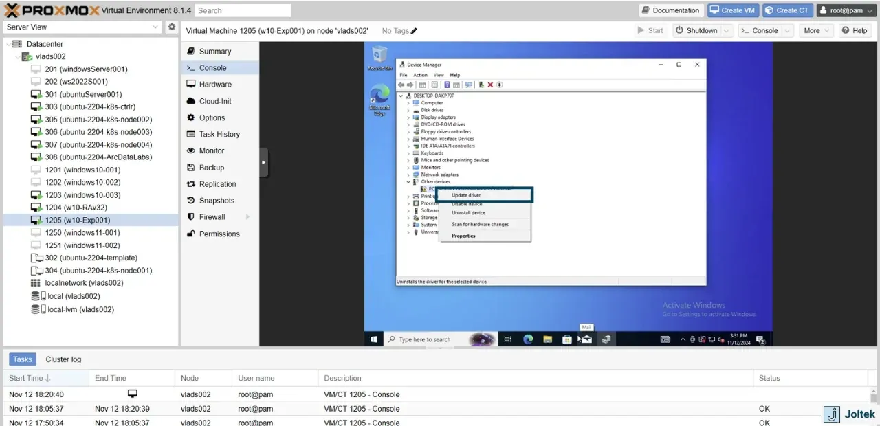 Installing a windows vm on a
