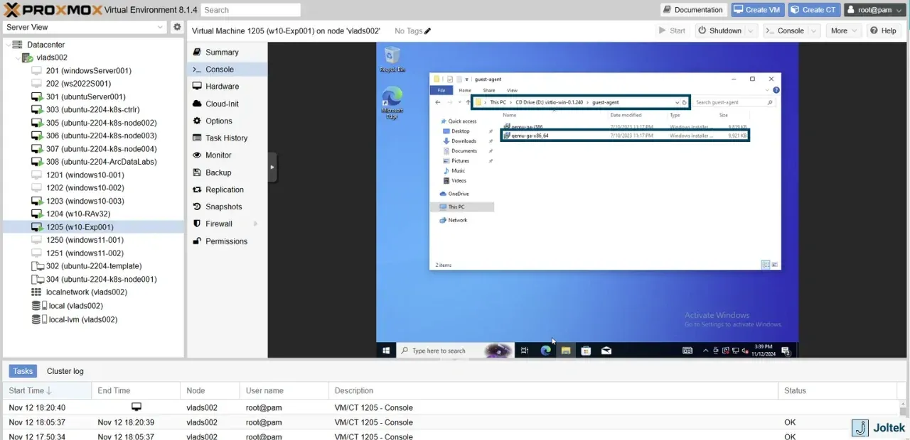 Installing a windows vm on a