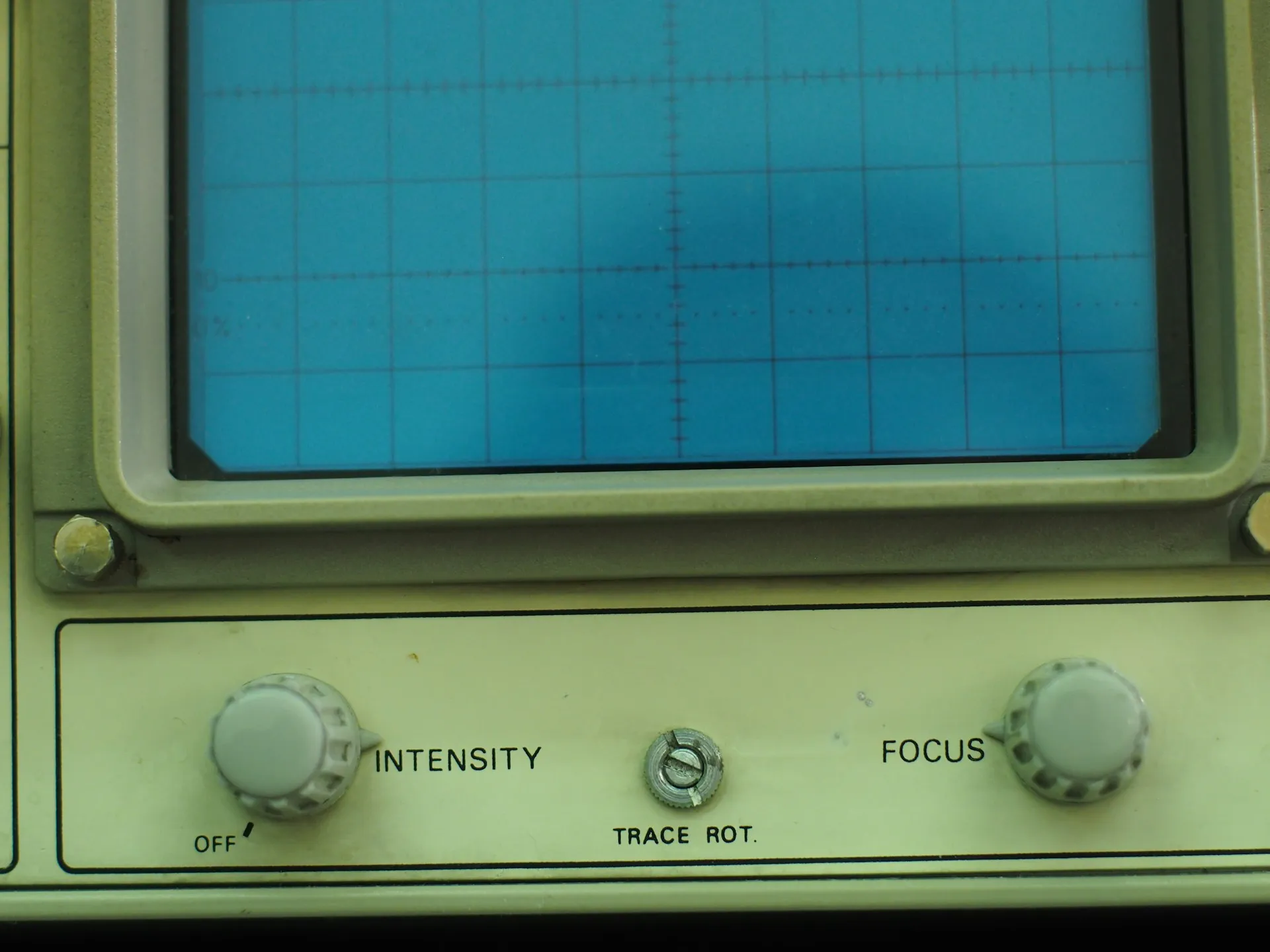 HMIs usually age out at the hardware first: displays, backlights and the PCs behind them go before the application does. Aged instrument CRT screen with a blue grid above intensity, trace rotation and focus knobs