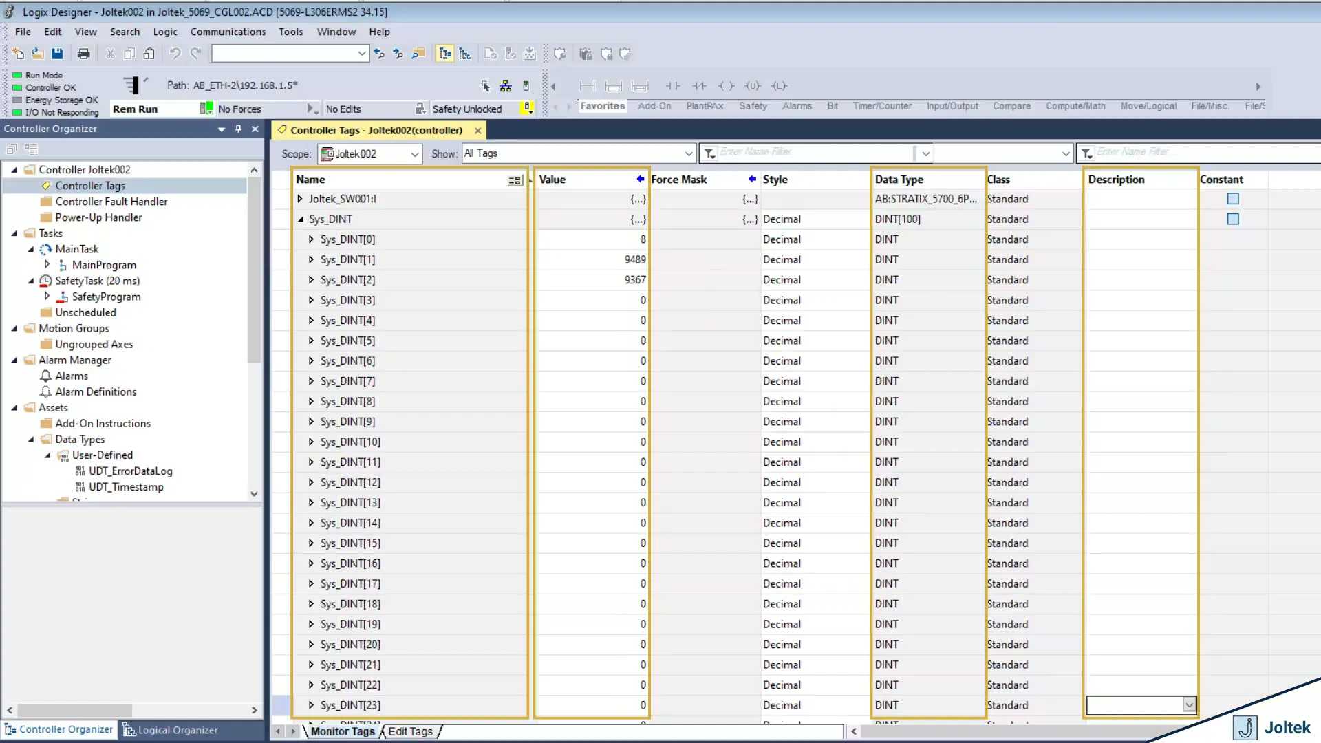 Basic dint array structure inside a compactlogix plc