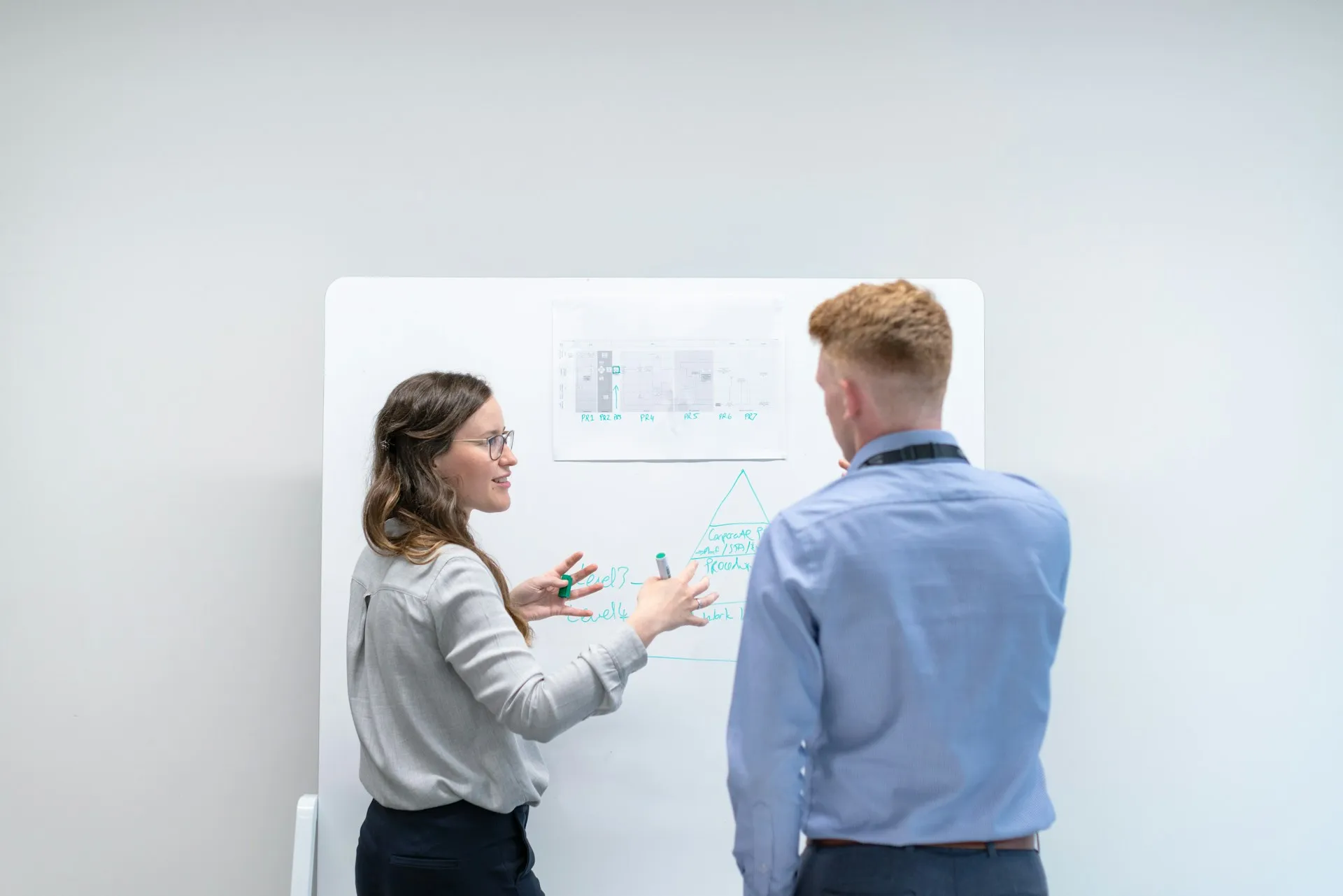 The hard part of an event catalogue is the agreement, not the software: who produces each event, who may consume it, and who approves a change. Two colleagues discussing a printed process diagram pinned to a whiteboard