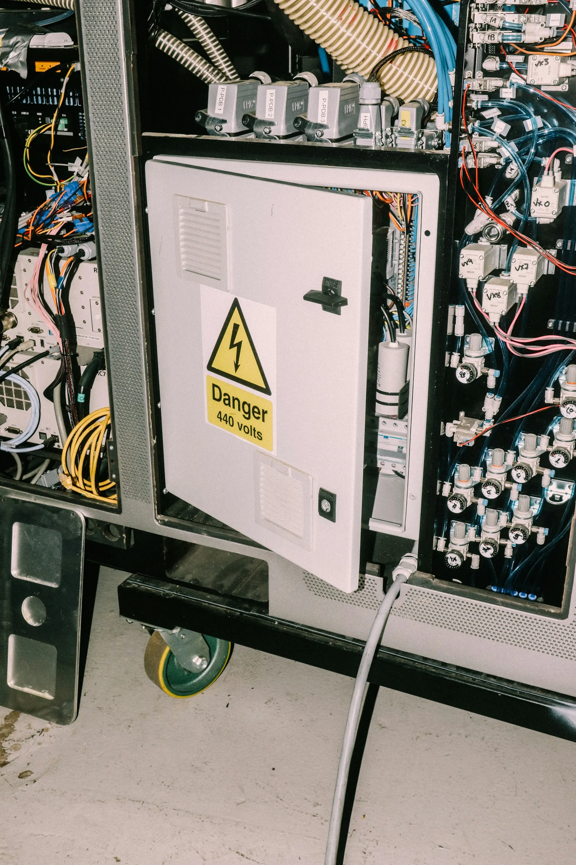 An open industrial control panel showing field wiring