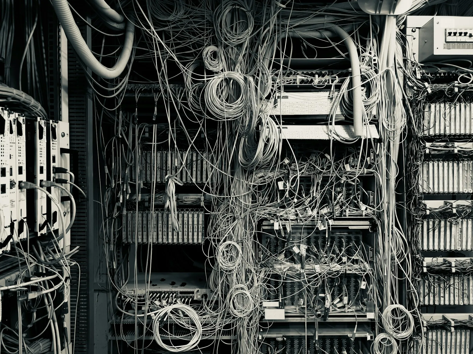 A network nobody designed still works, until one cable in the wrong place reaches every controller on site. Rack of network equipment buried under tangled, unlabelled patch cables