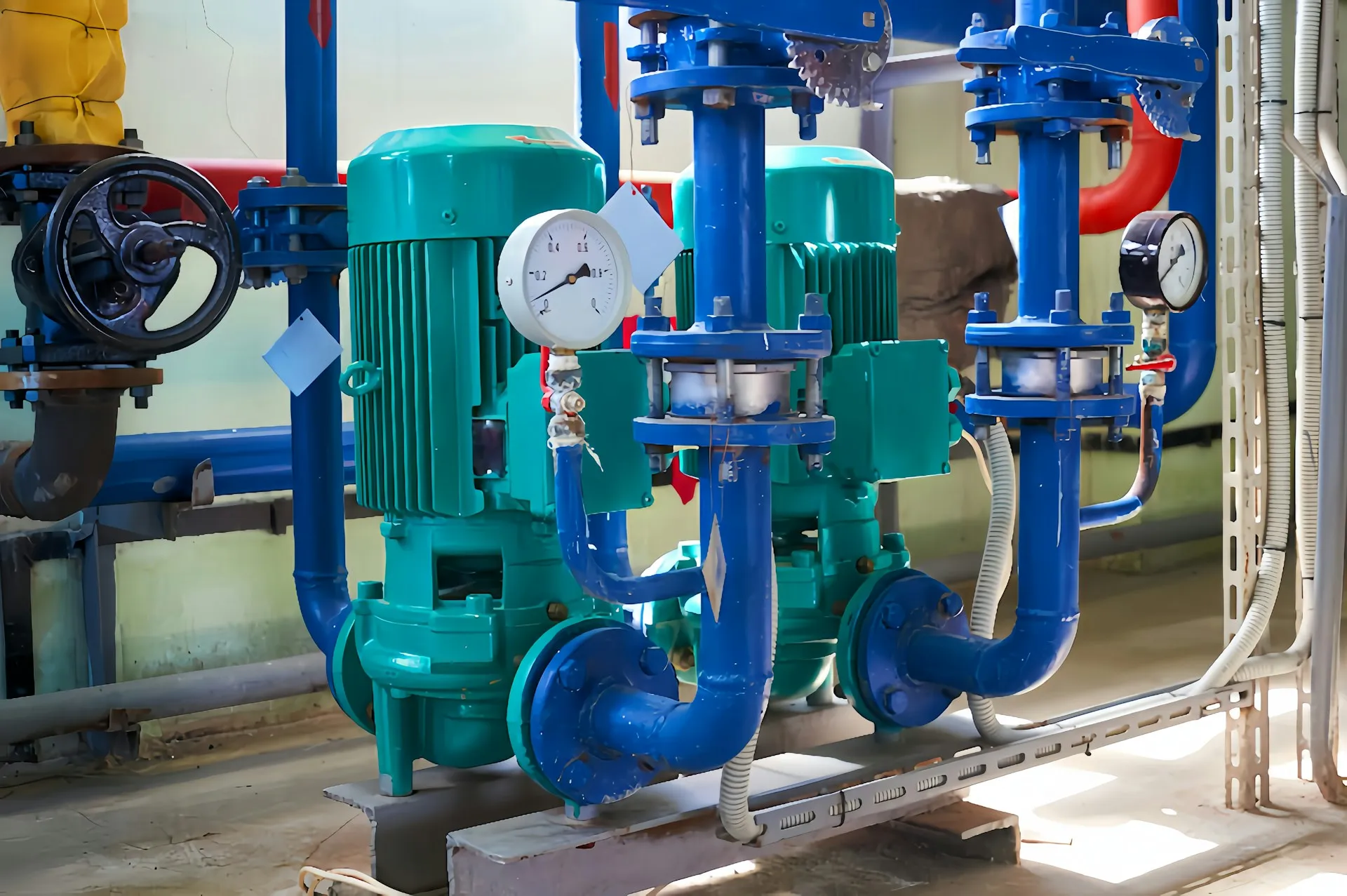 A redundant broker pair is a duty and standby pump set: it only counts as redundancy once you have switched over under load and watched the result. Two identical green pumps installed side by side in blue pipework with pressure gauges