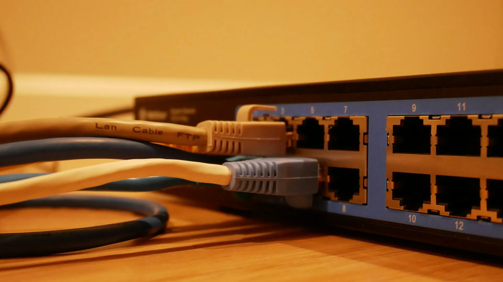 Every port on a managed switch carries a VLAN and a setting that exists nowhere else until the configuration is backed up. Close-up of a network switch with grey and blue patch leads plugged into its ports