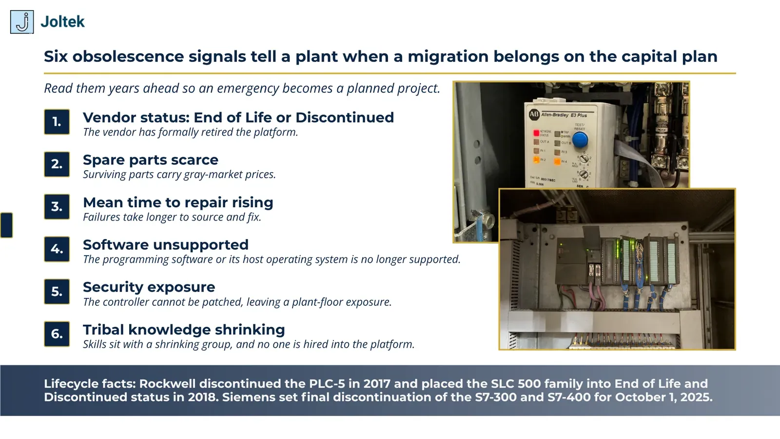 Six obsolescence signals tell a plant when a migration belongs on the