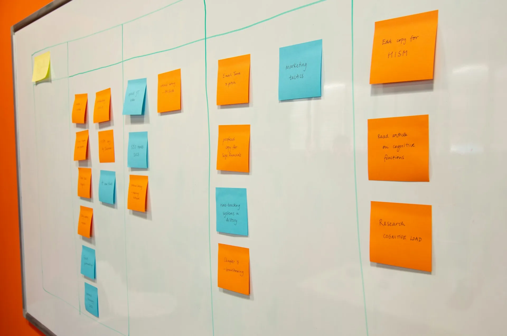 Put the LTS calendar on the same board as shutdowns and maintenance windows. A broker upgrade is a planned change, not an IT chore. Orange and blue sticky notes arranged in columns on a whiteboard planning board