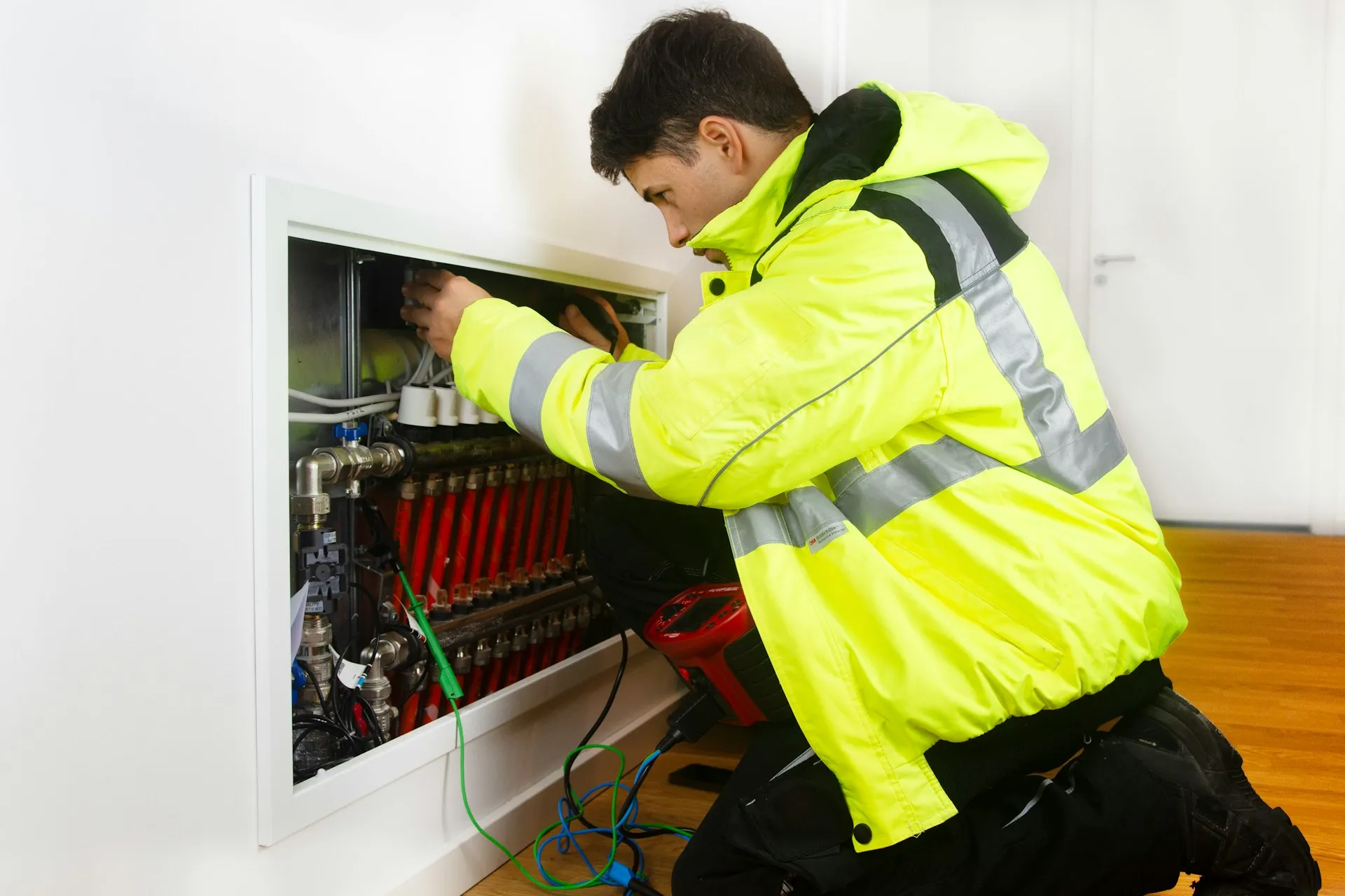 Discovery is a site audit for your event streams. It records what is actually wired up, which is rarely what the drawings say, and that gap is the most useful finding. Technician in a high-visibility jacket testing equipment inside a wall cabinet with a meter
