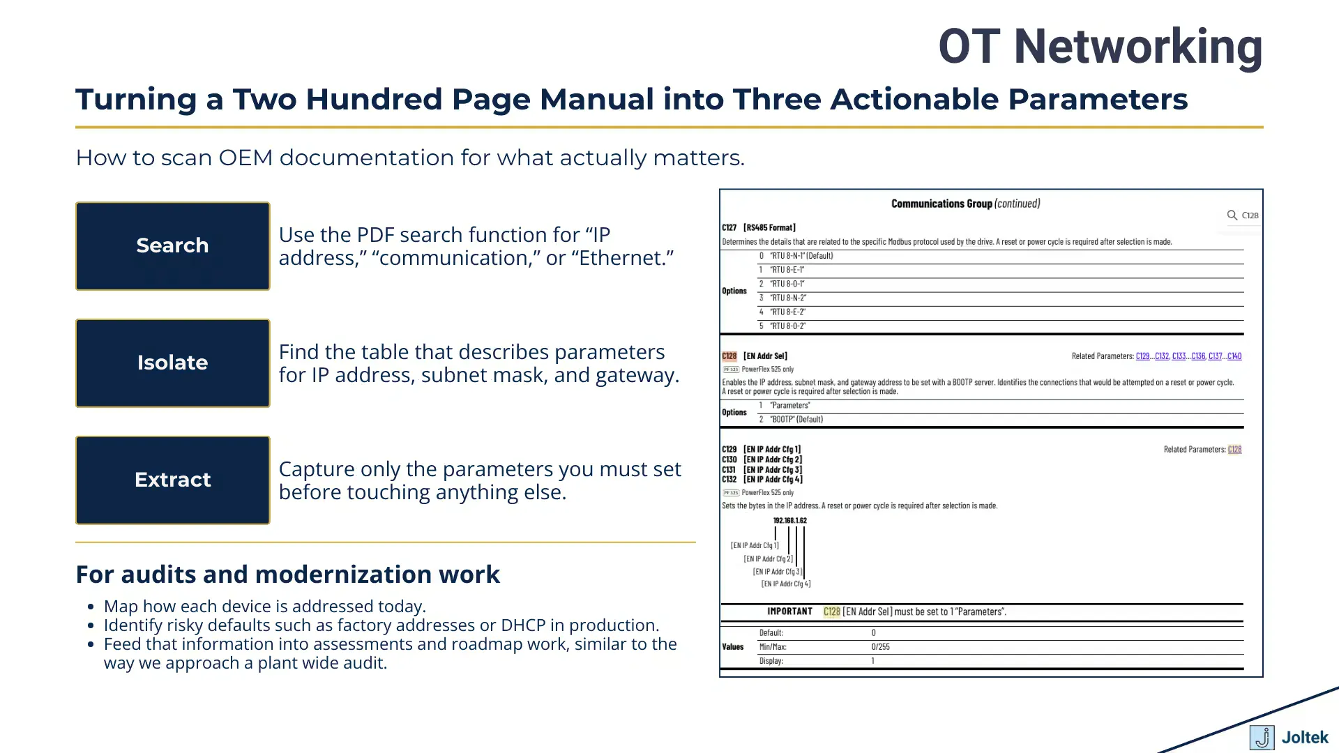 Turning a two hundred page manual into three actionable parameters